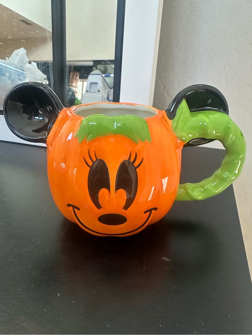 Disney Minnie Mouse Halloween Pumpkin Ceramic Mug 14.8 oz 3D Ears Green Handle